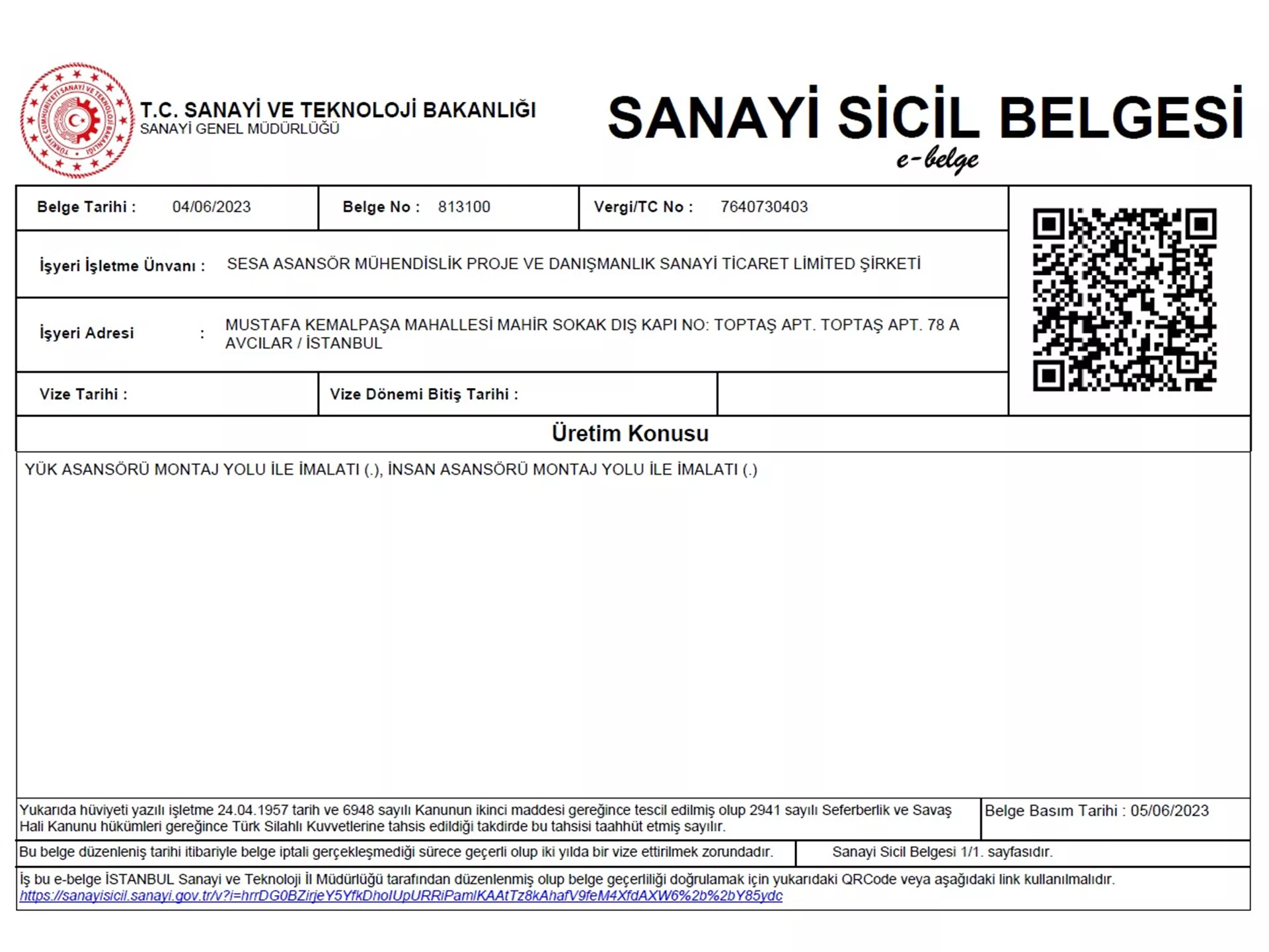 Sanayi Sicil Belgesi